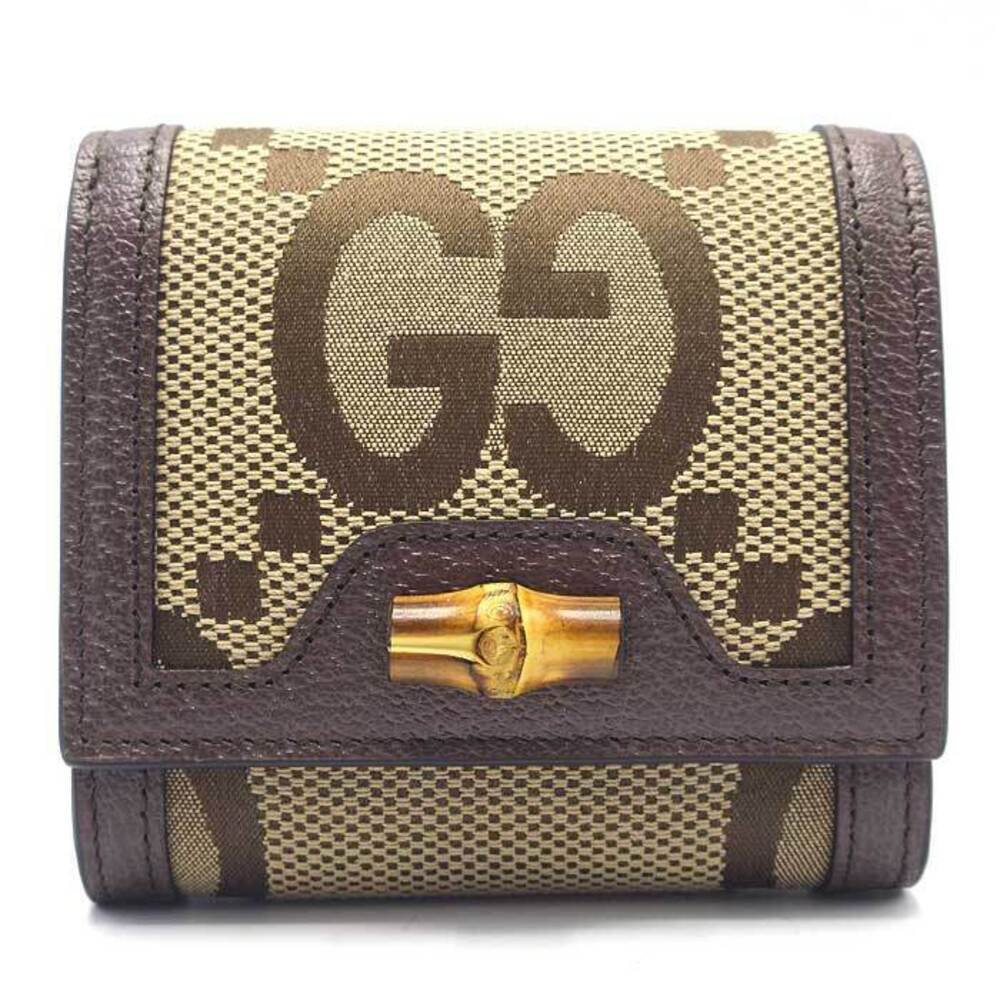 Gucci Canvas Tan Beige Diana Bamboo GG Jumbo Line Wallet Bifold Brown